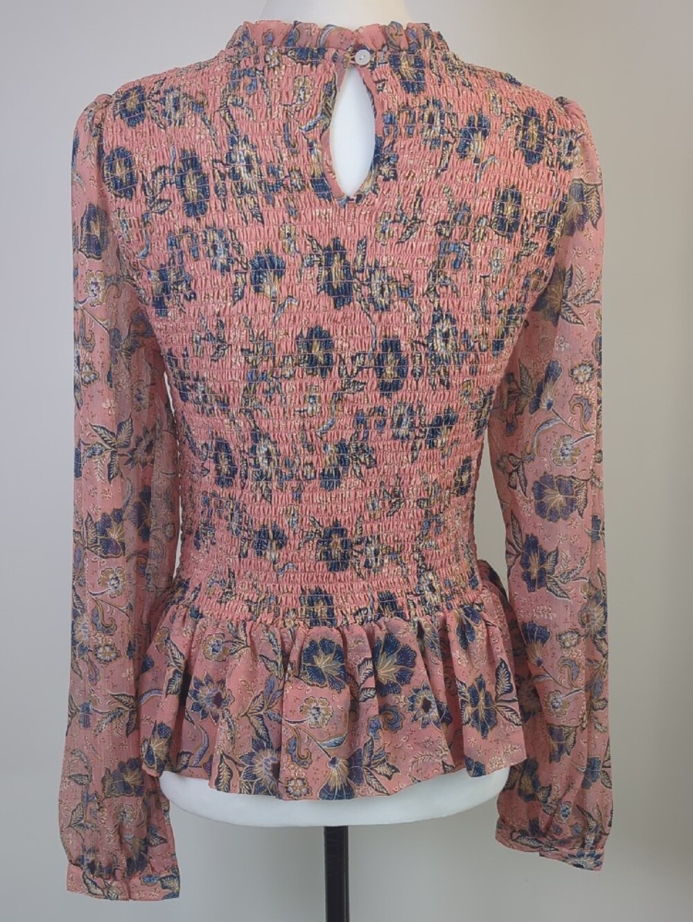 Patrons of Peace Boho Smocked Peplum Floral Blouse Pink Blue Cottagecore LARGE - Picture 2 of 13